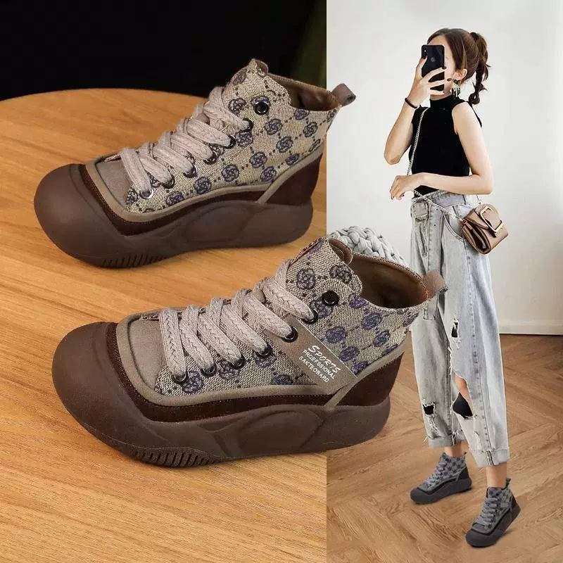 Женские короткие ботинки лето-осень 2025, новые универсальные повседневные платформенные высокие кроссовки в ретро стиле на толстой подошве