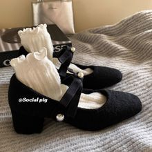 休闲风显瘦高级秋冬晚风增高温柔呢子毛毛单鞋加绒蝴蝶结玛丽珍鞋