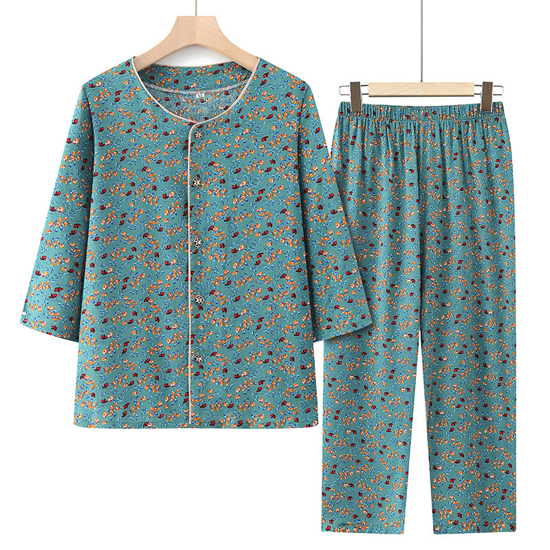 Middle-aged and elderly women's seven-sleeve cotton pajamas grandma summer cardigan cotton home clothes old lady can wear outside