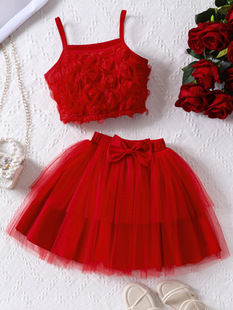 Summer slip dress, red three dimensional set, skirt with bow, flowered
