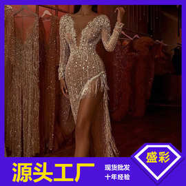 2025亚马逊礼服裙流苏珠片收腰深v长袖侧开叉性感不对称连衣裙女