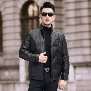 Winter New Haining Men's Genuine Leather down Jacket Sheepskin Jacket Short Leather Jacket Simple Stand Collar Leather Jacket