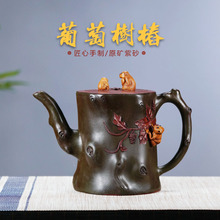 宜兴紫砂壶名家纯手工贴花文玩泡茶壶原矿紫泥花货大品灵猴献瑞壶