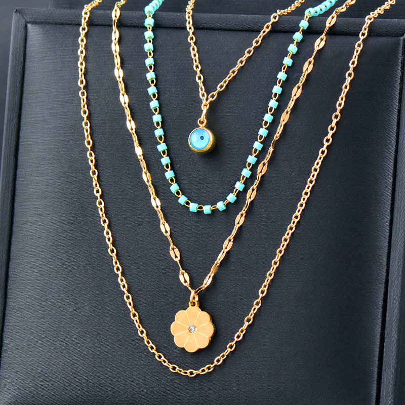 Fashion Devilu0027S Eye Flower Titanium Steel Inlay Inlaid Gold Artificial Gemstones Layered Necklac