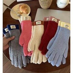 Autumn/Winter New Japanese Cute Color Block Split Finger Gloves with Extended Wrist Warmth Women's Touchscreen Revealing Knit Gloves