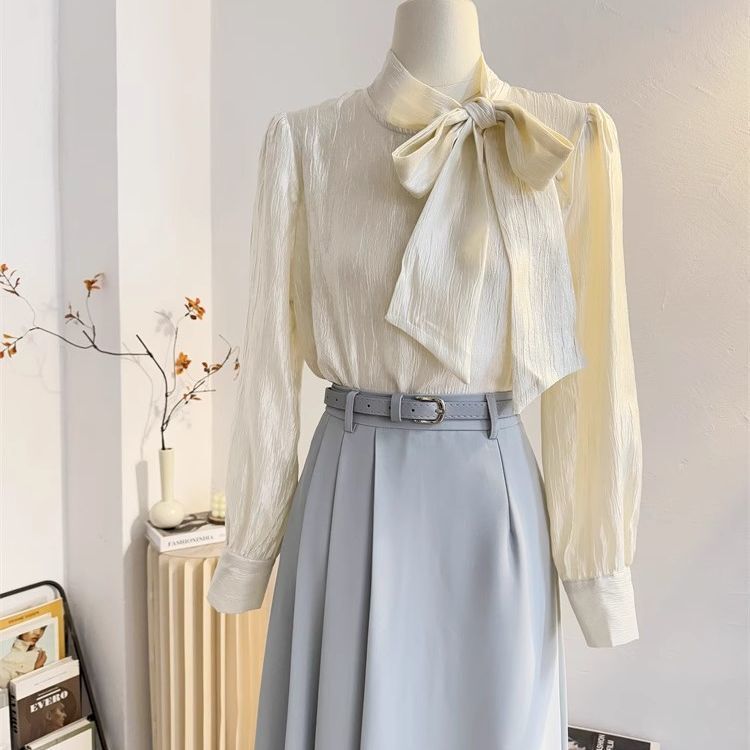 French-Style Lace-Up Bow Long-Sleeve Shirt for Women, 2025 Spring New Ribbon Blouse, Elegant Small Shirt Top