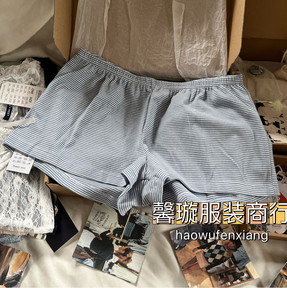 BM风 美式蓝色细条纹短裤松紧腰居家裤运动裤女百搭显瘦休闲裤