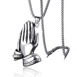 跨境饰品18K镀金佛手祈祷项链 嘻哈hiphop吊坠男士霸气嘻哈吊坠款