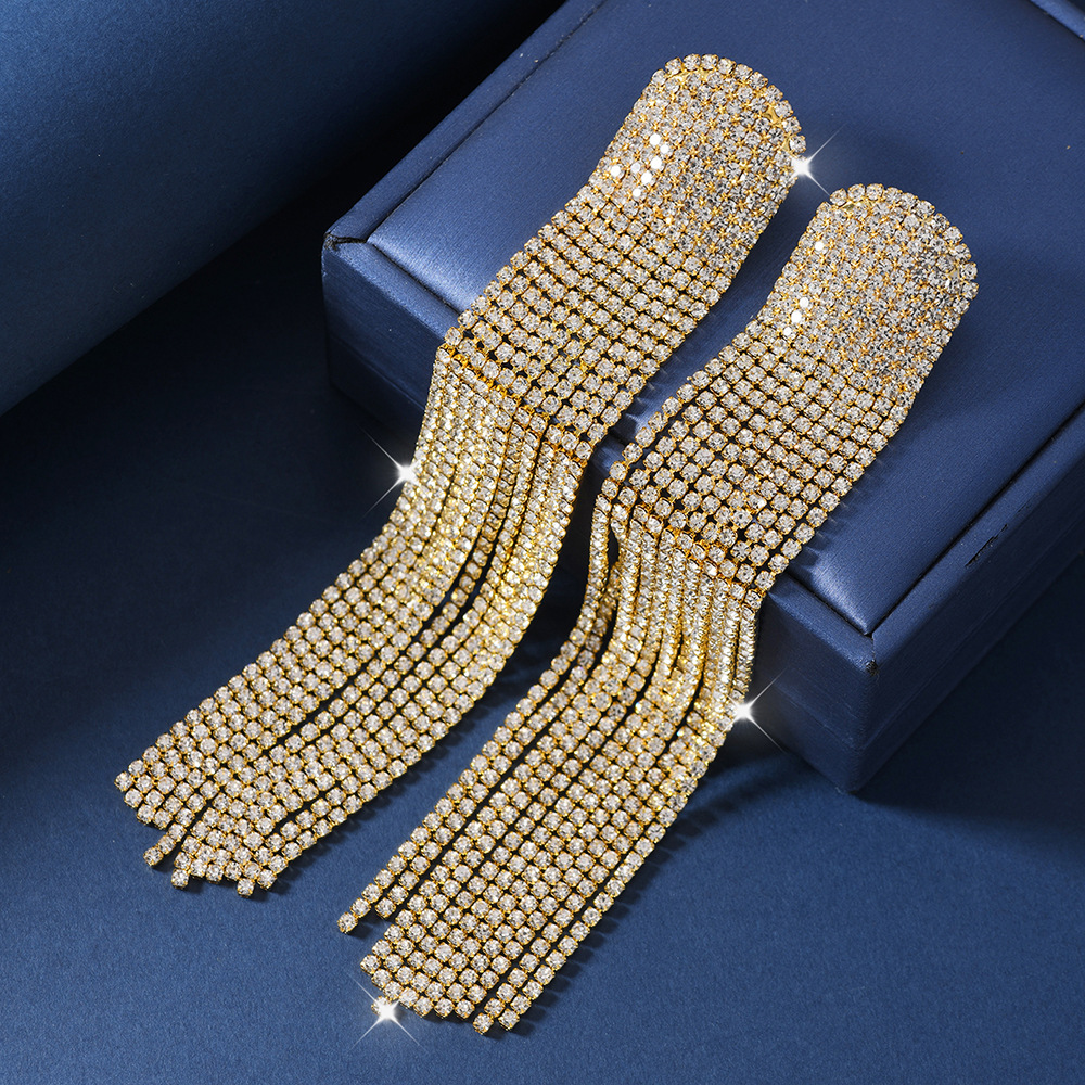 Pendientes grandes exagerados europeos y americanos llenos de diamantes, borlas largas, pendientes de alta gama, temperamento de moda 2025, pendientes de celebridades de Internet, mujeres