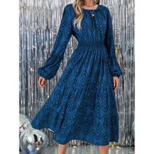 跨境秋季新款欧美风圆领几何印花荷叶边长袖中长款连衣裙女DRESS