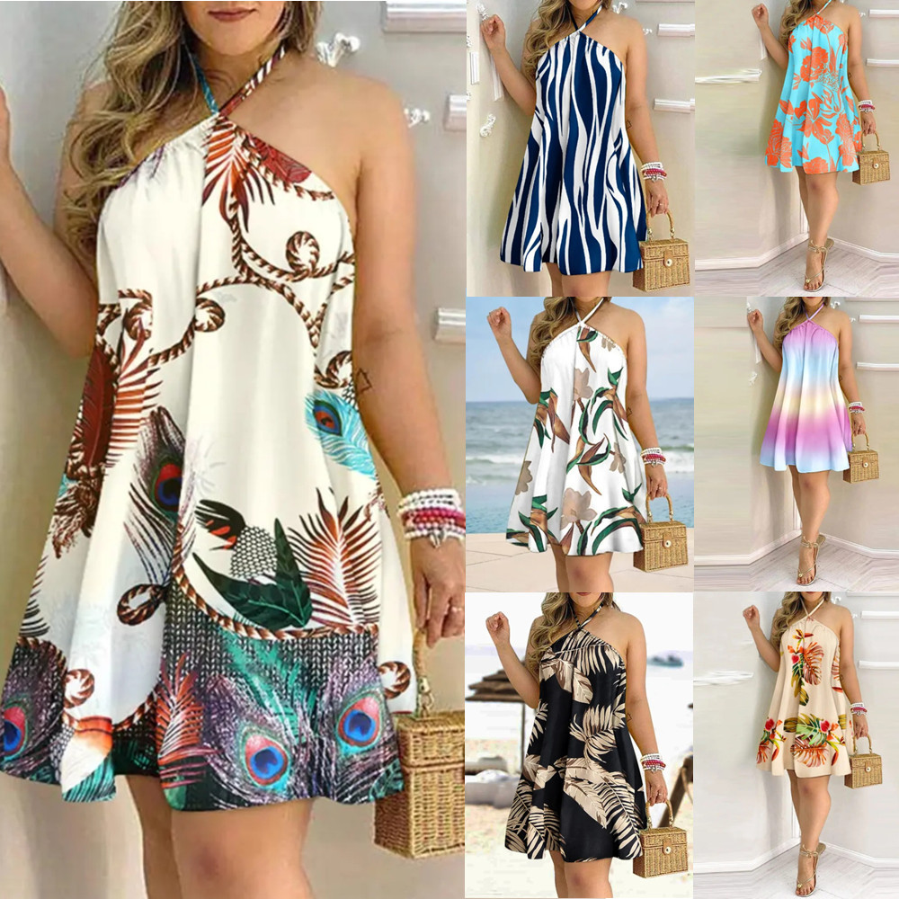 Vacation Leaves Flower Halter Neck Sleeveless Printing Polyester Knee-length A-line Skirt display picture 1