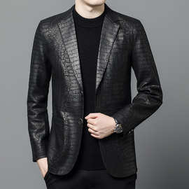 海宁绵羊皮西装商务休闲真皮皮衣男中年鳄鱼纹皮西服2025春秋外套