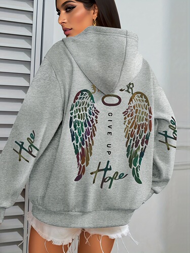 Wings Print Hoodie, Casual Kangaroo Pocket Drawstring Long-Sleeve Hooded Sweatshirt, Women's European Size Hooded Sweatshirt