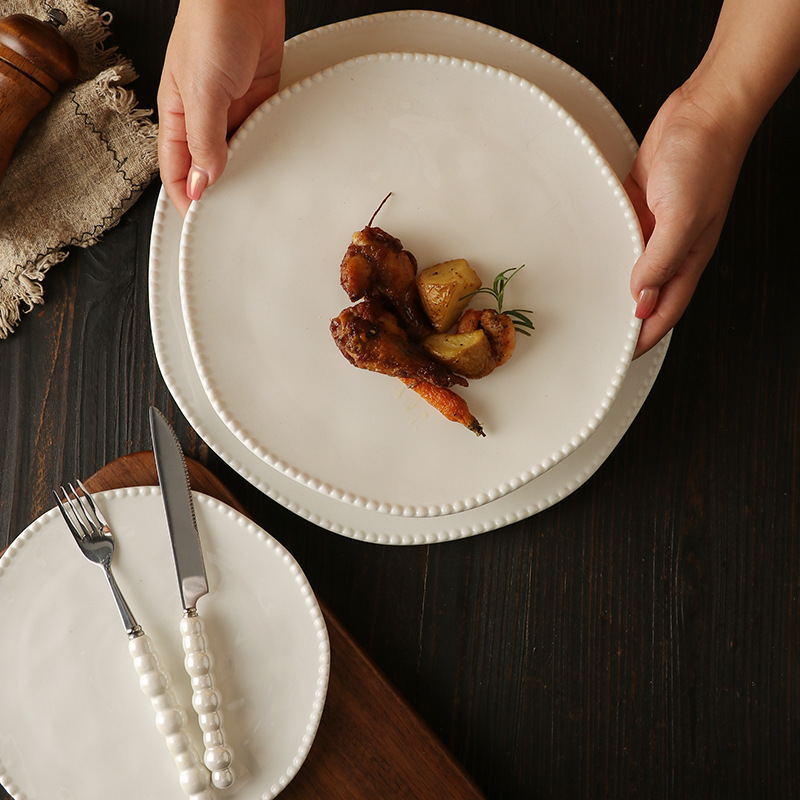 Ins-Style Pearl-Edged Pure White Ceramic Plate, High-End Steak Plate, Western-Style Dinner Plate
