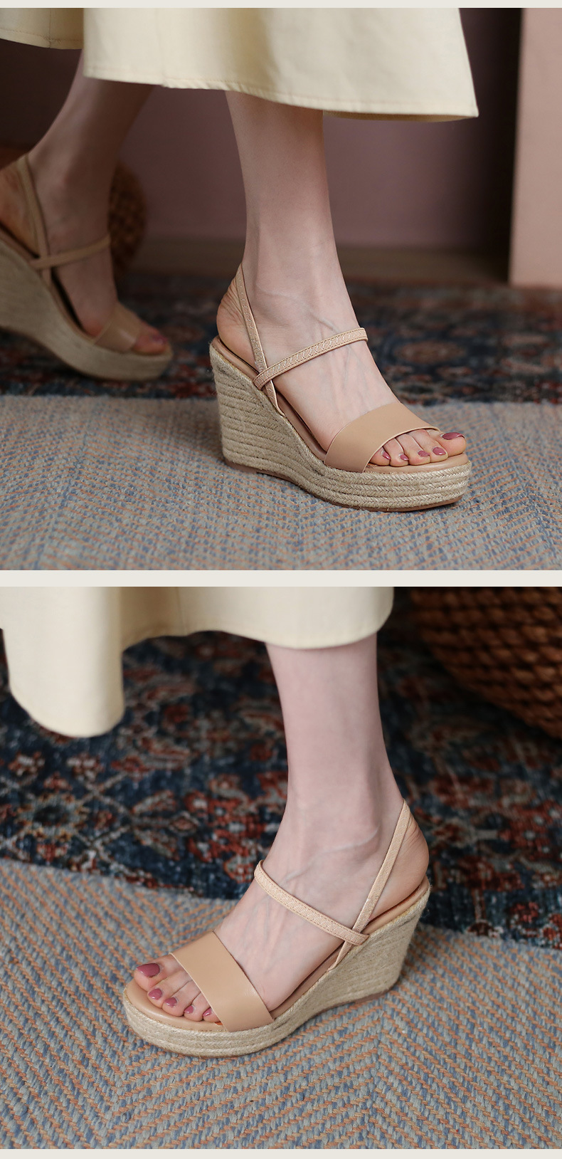 Sandal cao gót nữ hở mũi đế xuồng cói phong cách retro, gót platform 8 cm — nâu chi tiết 6