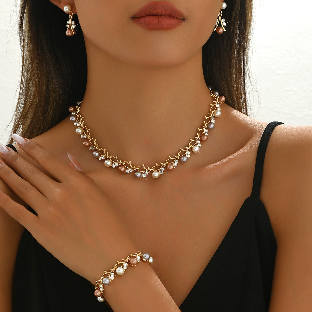 Серьги из жемчуга, колье и браслет, комплект, бижутерия, платье, аксессуар, европейский стиль, комплект из 3 предметов