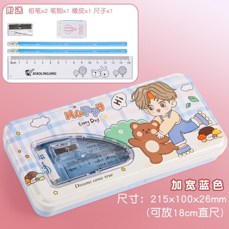 小学生のブリキの文具箱、二層の文具箱、かわいい漫画の男の子と女の子の筆箱、掛け算表付き|undefined