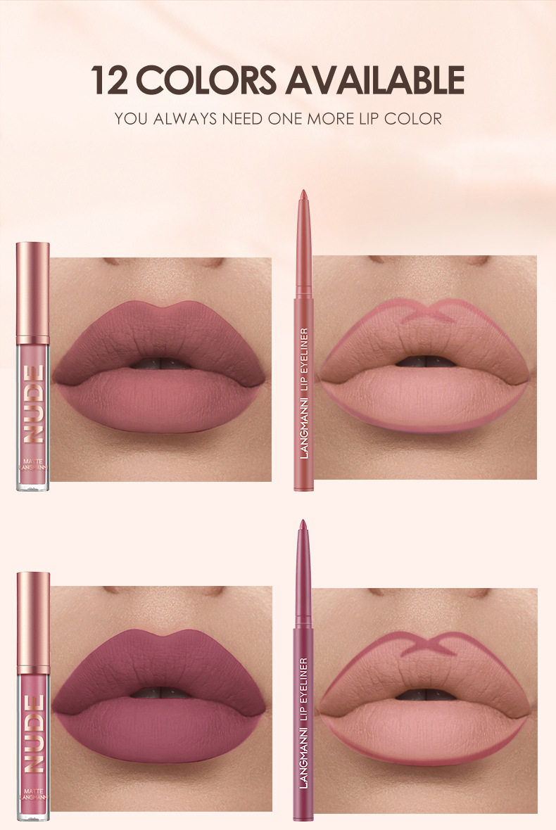 Langmanni 12-piece lip gloss set 6+6 Lip gloss and Lip liner pen combination Non-stick cup matte lip gloss undefined
