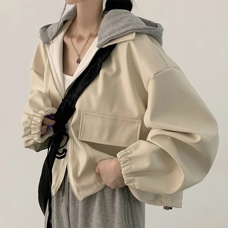 Korean Chic Autumn and Winter Retro Style Zipper Large Flap Pocket Pants Casual Loose Versatile Short Hooded Leather Jacket for Women