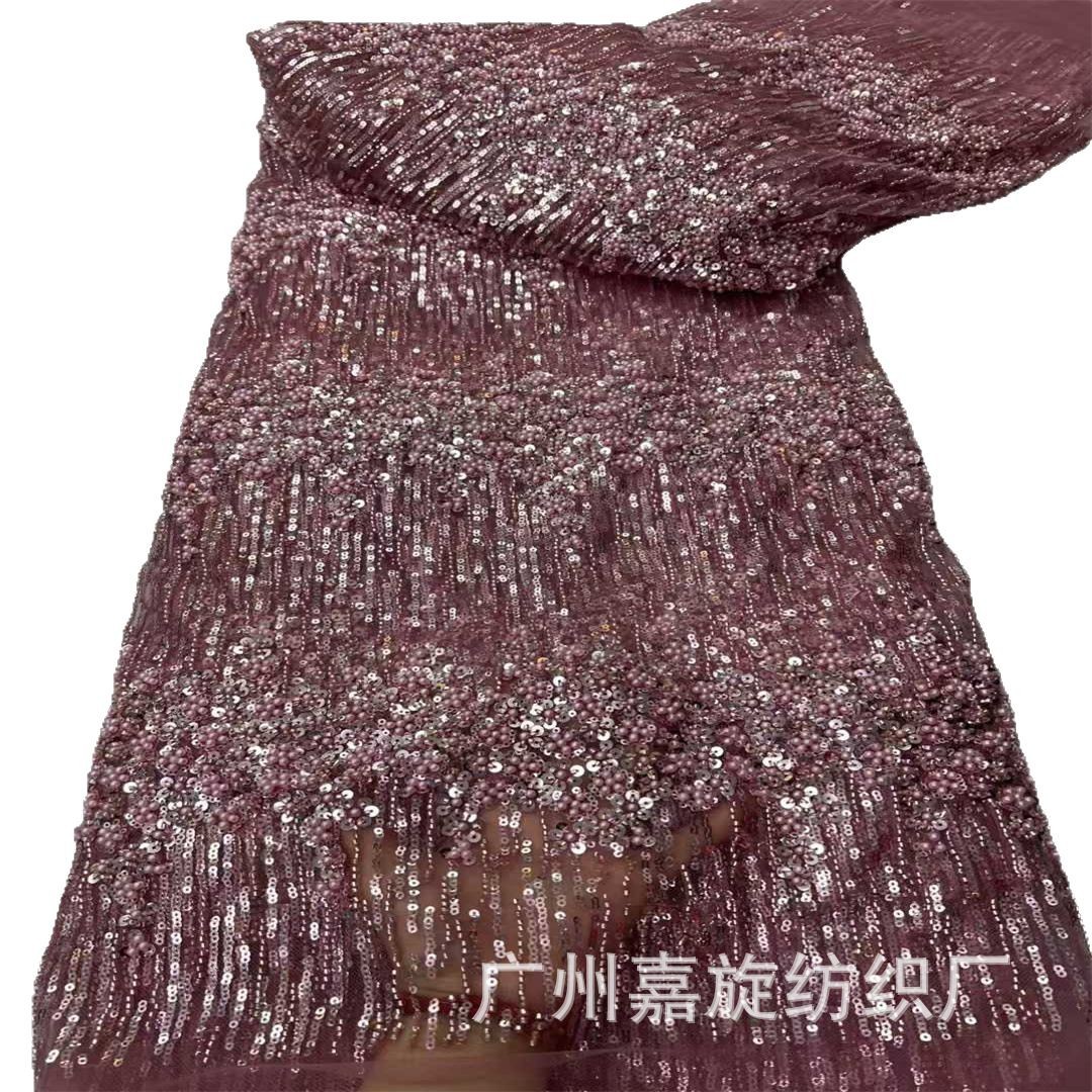 Nuevo diseño de alta gama industria pesada negro dorado capas brillantes tubo de perlas clavos flor de perlas vestido de boda tela de moda