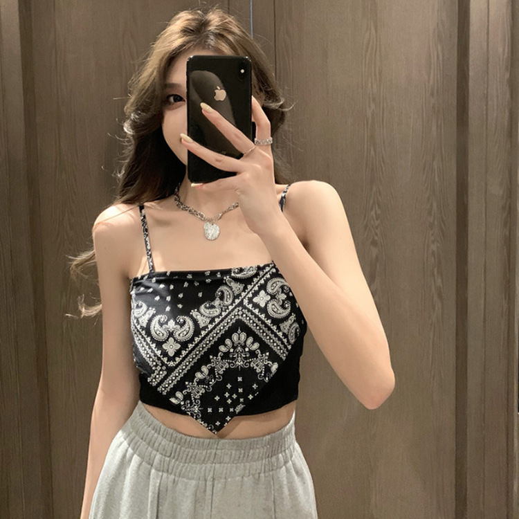 Ethnic Style Cashew Flower Sling Tube Top Fake 2 Pieces Ice Silk Sling Vest Seamless Printed Fashion Net Infrared Wear Women
