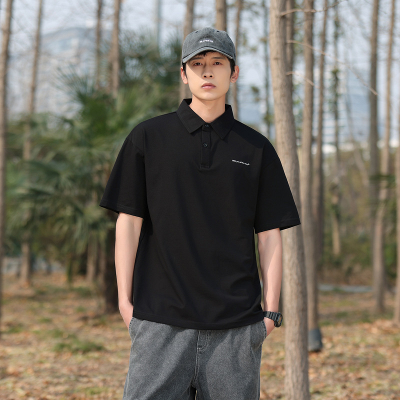 Short-sleeved Polo Shirt Men's Summer Bead Mesh American Style Trendy Casual Top Black Loose Lag T-shirt for Men Short-sleeved Polo Shirt Men's Summer Bead Mesh American Style Trendy Casual Top Black Loose Lag T-shirt for Men