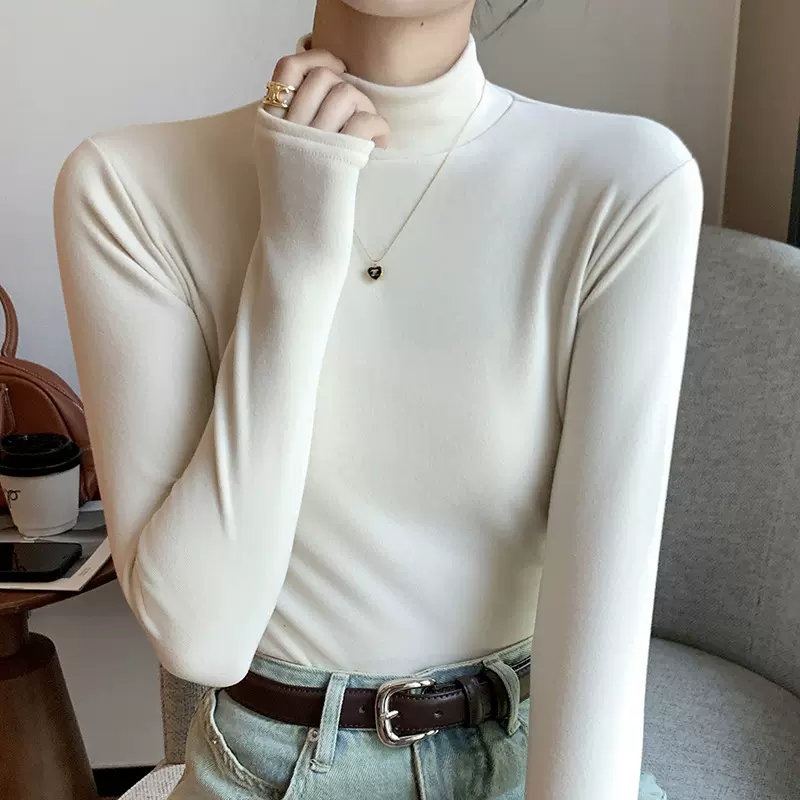H319新款圆领秋冬季半高领德绒打底衫女内搭加厚黑白色中领保暖衣
