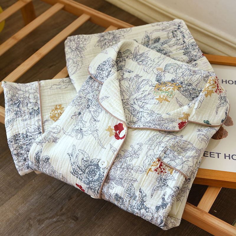 Crepe cotton Women's pajamas suit thin cardigan can be worn outside mother's long-sleeved trousers two-piece Four Seasons homewear