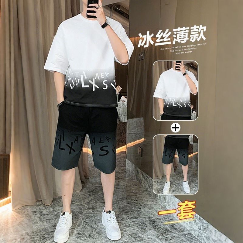 メンズ夏用アイスシルク薄手速乾服、半袖Tシャツ、ショートパンツ、カジュアルスポーツウェア、ハンサムな衣装のセット|undefined