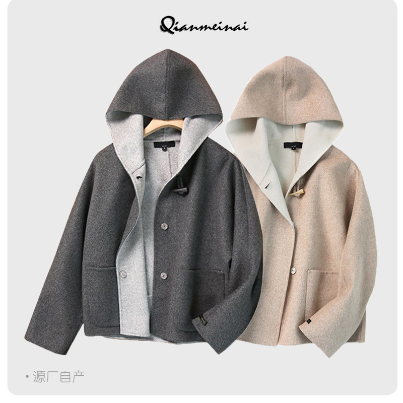 Japanese-Style Hand-Sewn Wool Coat for Women 2025 Autumn and Winter New Woolen Short Hooded Coat Wholesale