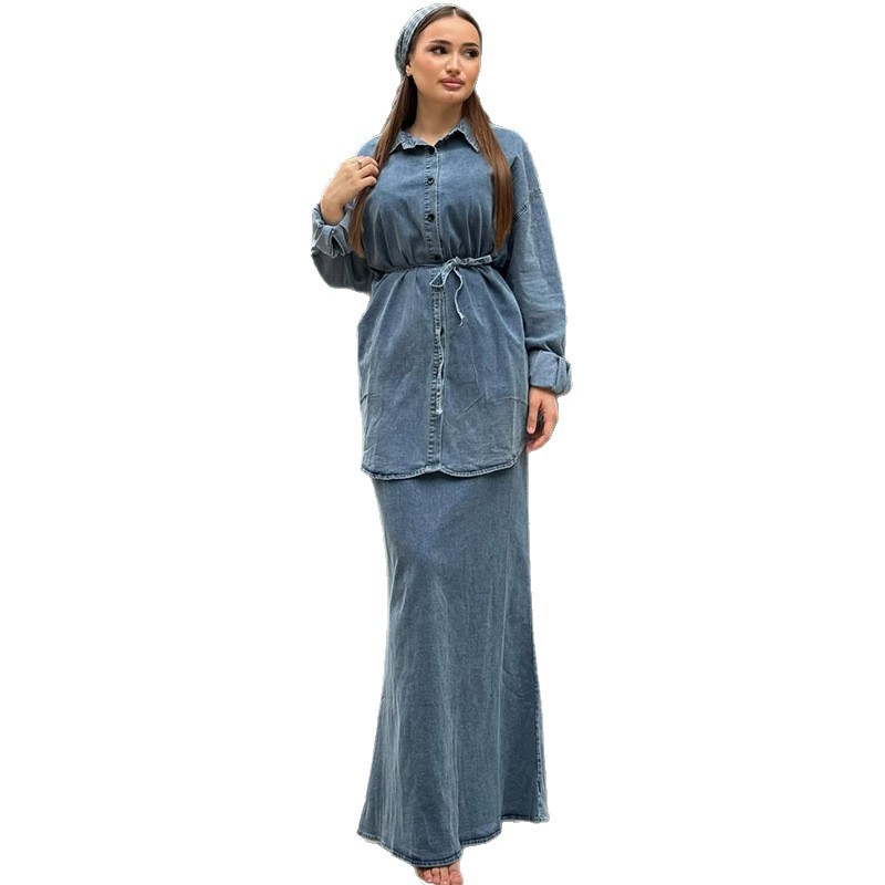 Women's Stylish Long Sleeve Polo Collar Denim Dress with Belt Comfortable Casual Office Wear_ecoleips.com