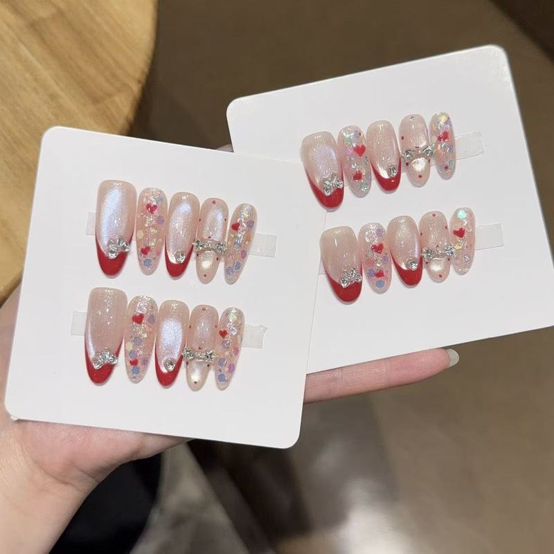 Berry Jam Sweet Girl French Cat Eye Long Handmade Wearable Nail Art Stickers Fake Nails