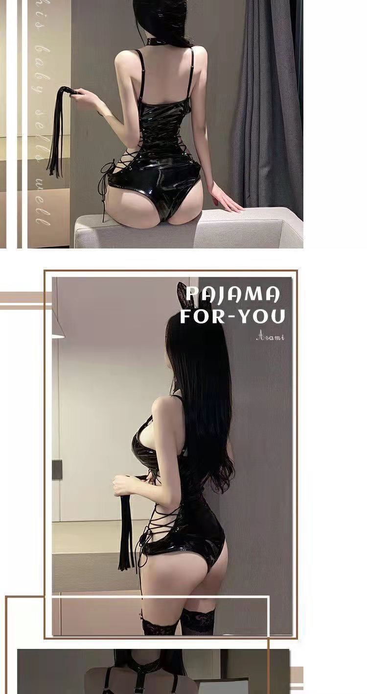Patent Leather Roleplay Costume Set with Mesh Stockings, Whip and Headband — detail image 6