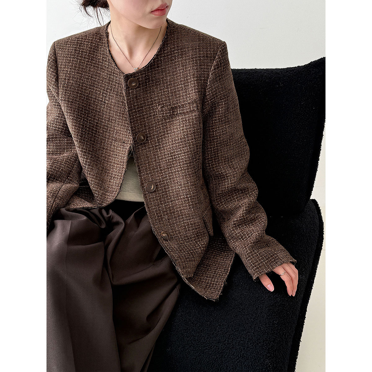 Lushi Korean Style Round Neck Small Fragrant Jacket for Women Autum New Heavy Industry High-End Tweed Short Suit 9791