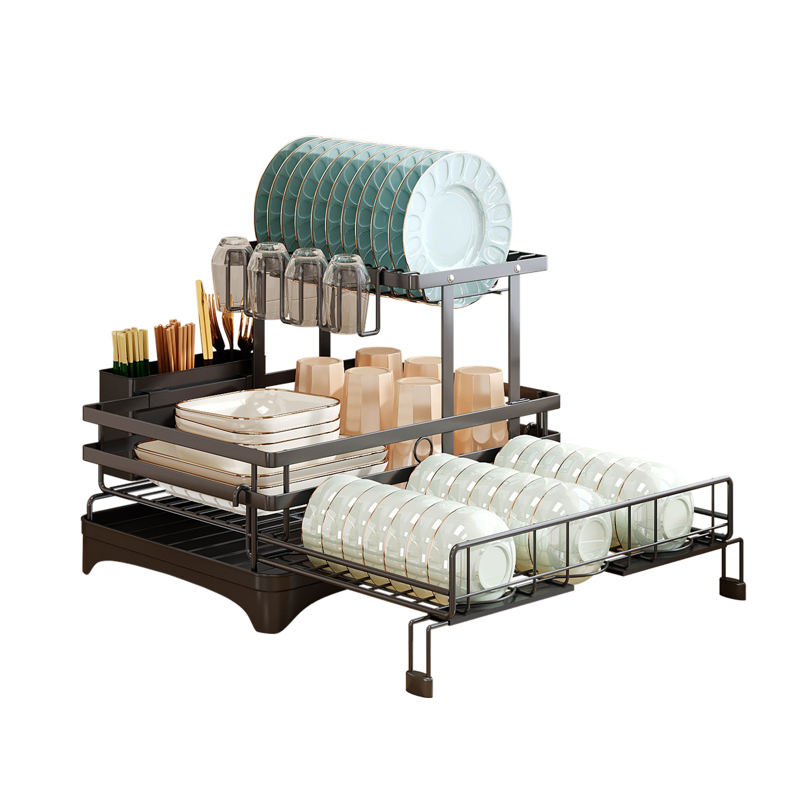 Estante multifuncional de platos de cocina para almacenar frutas y verduras para utensilios de cocina estante de filtro de agua estante de drenaje retráctil cuchillo y tenedor estante de palillos