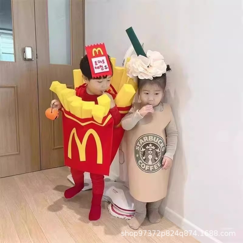 万圣节星巴克奶茶cos儿童服装男童女孩装扮男宝表演薯条演出服男|undefined
