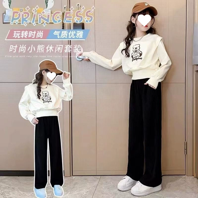 Весенне-осенний спортивный костюм для девочек, новинка 2025 года, детский интернет-знаменитости, корейский стиль, западный стиль, модный детский свитшот среднего и большого размера, комплект из двух предметов