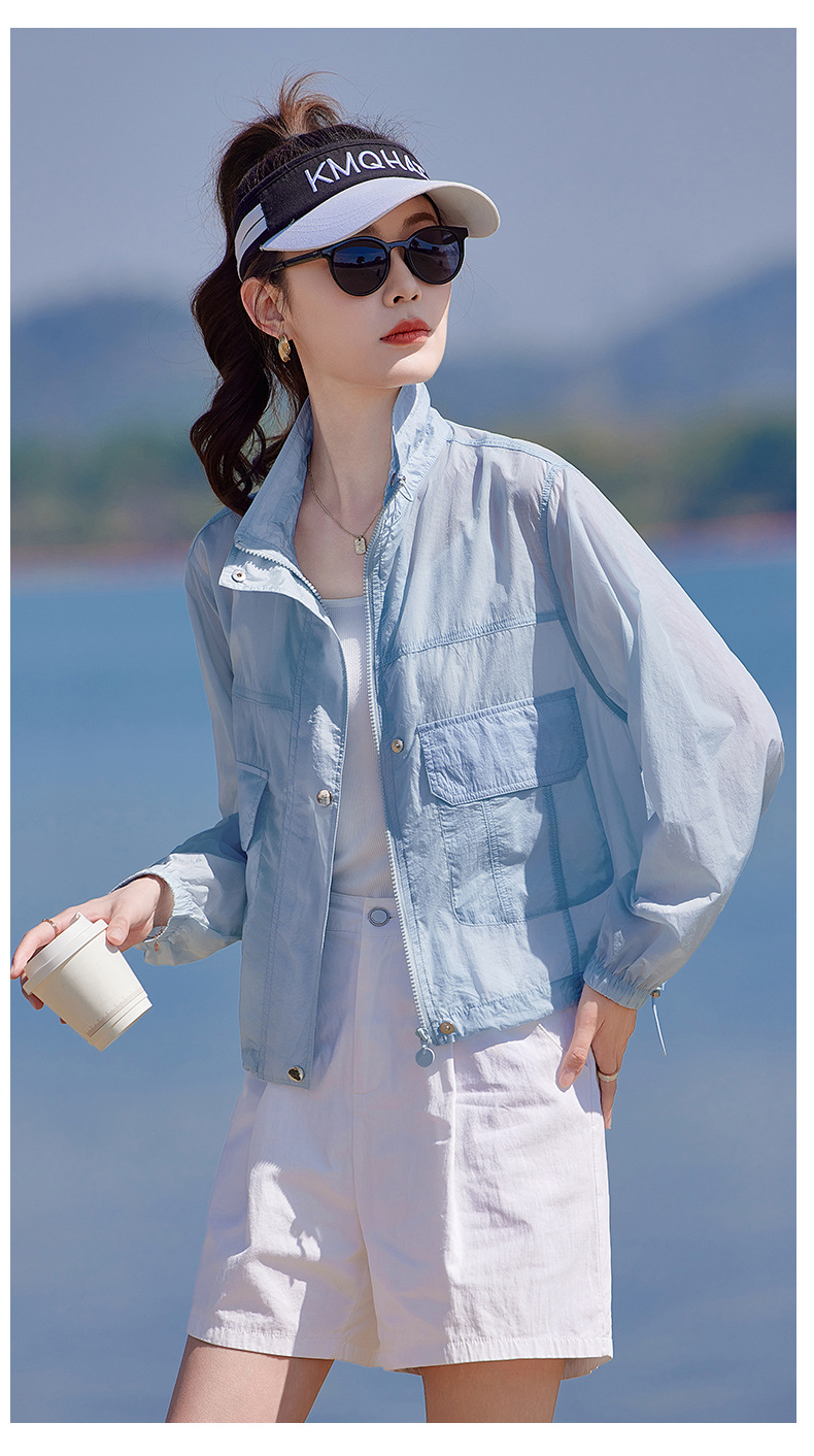 Áo chống nắng nữ cổ đứng túi hộp dáng rộng tay ngắn mỏng nhẹ — màu xanh nhạt, màu đỏ chi tiết 9