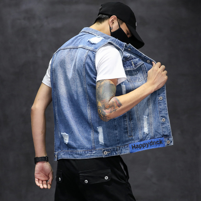 Spring and Autumn American Denim Vest Coat Cat Must Break Cross-border Youth Washer Washed Sleeveless Jacket Denim Men