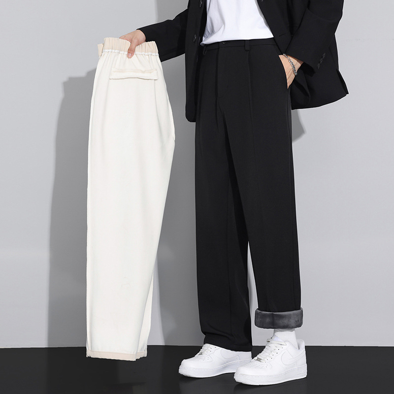 Black men's winter business casual pants, ribbed-lined, slim fit, straight-leg, wide-leg suit pants with a relaxed feel