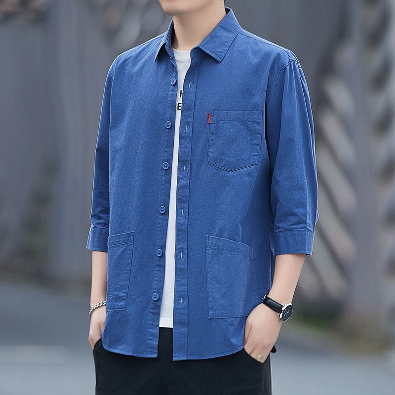 Camisa de manga tres cuartos de verano suelta de algodón 100% de alta gama, camisa de manga corta de herramientas casuales para hombres, chaqueta de manga media