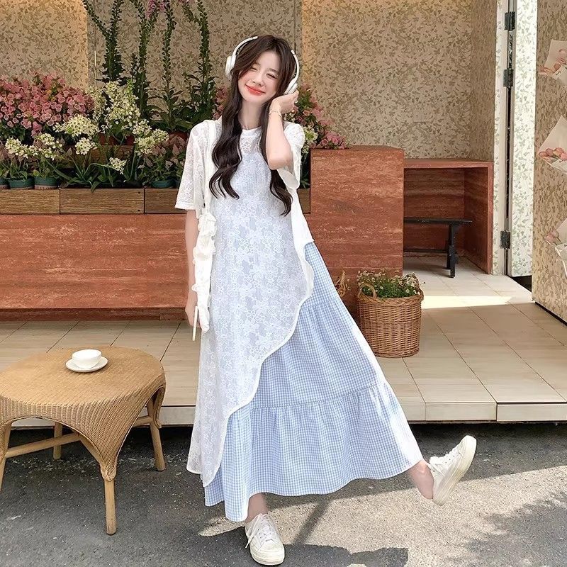 小清新蕾丝罩衫格子吊带连衣裙套装女2025夏季新款韩系甜美两件套|undefined