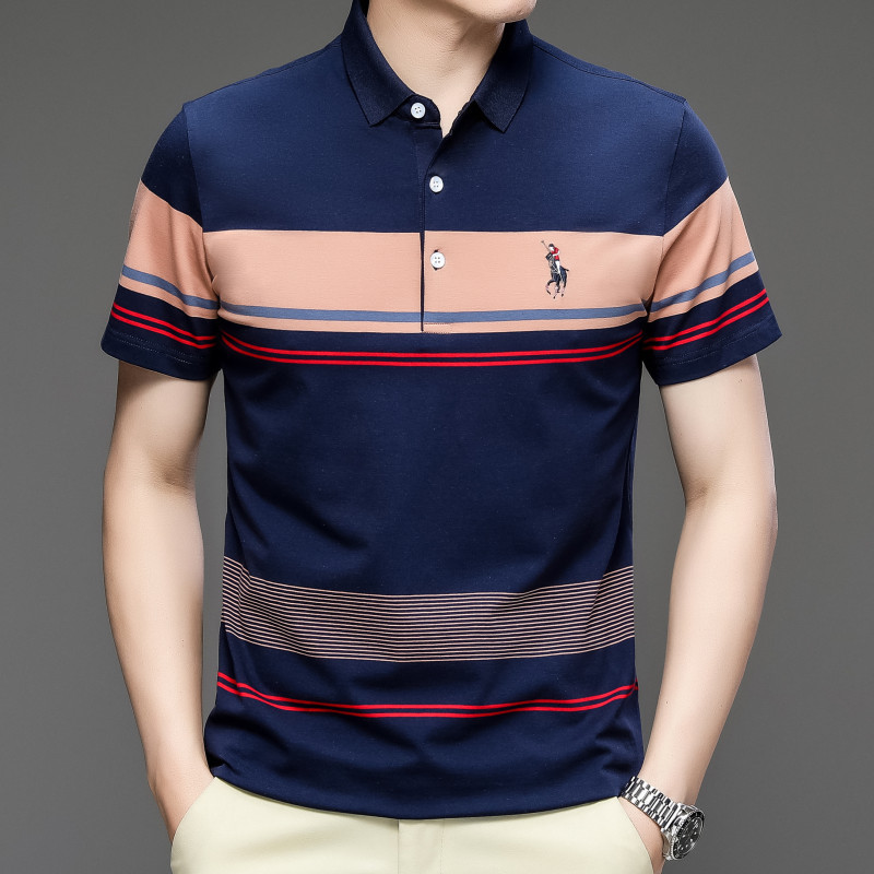 Cross-border Exclusive Summer New Cotton Embroidered Short-sleeved Men's T-shirt Striped Casual Lapel plus size Polo Shirt for Men