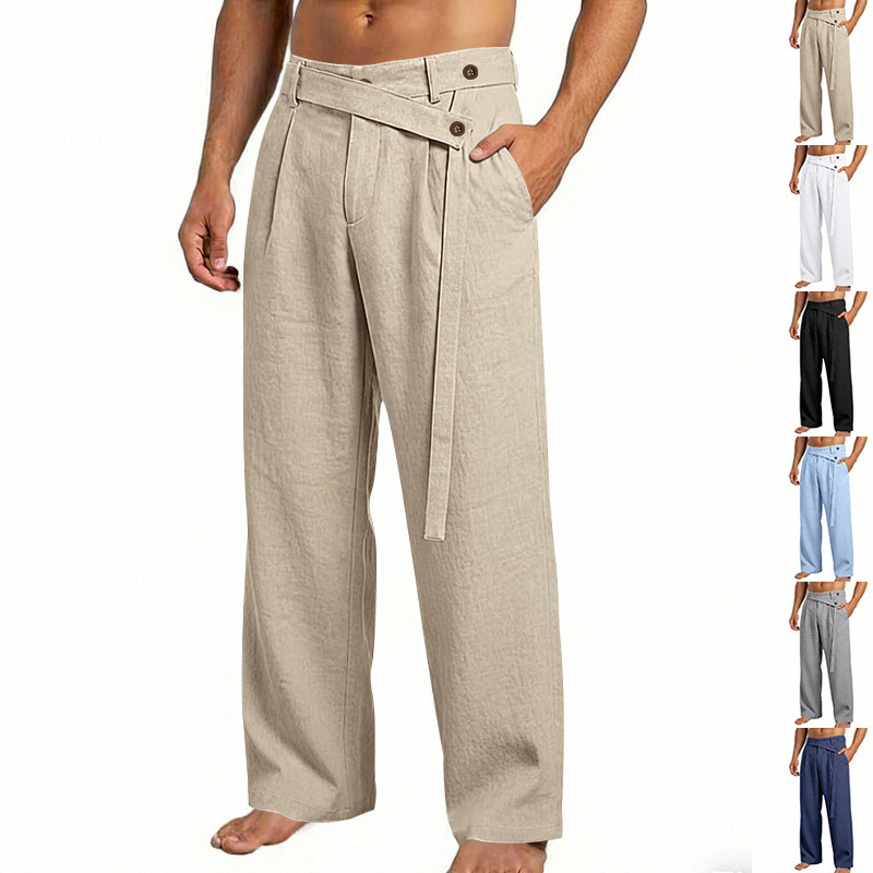 Men's Solid Color Linen Pants Simple Loose Fit High End Straight Leg Casual Midweight Polyester Long Trousers_viptrois.com
