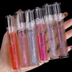 Transparent water-gloss glass lip gloss, moisturizing mirror overlay with glitter, colorless transparent pouty lips, affordable lip gloss for female students