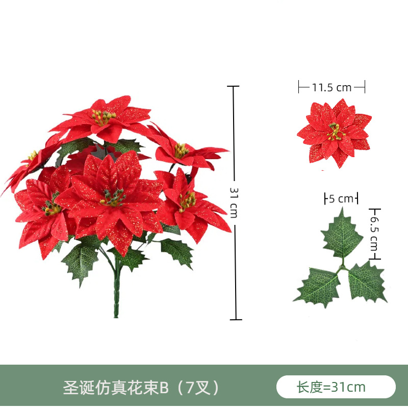 Simulación de flores 7 flores de Navidad flores falsas hojas espinosas una decoración de Navidad poinsettia flores de Navidad explosión