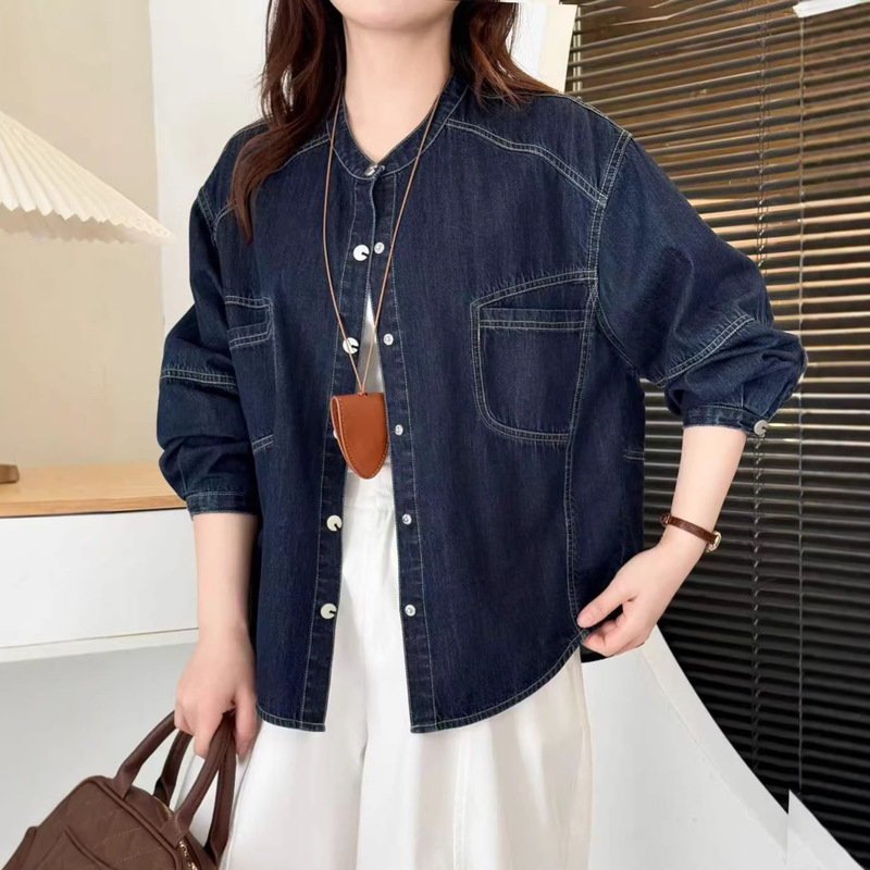 Korean-Style Design Denim Stand-Collar Long-Sleeve Shirt for Women, 2026 Spring New Slim-Fit Cardigan Top 2289