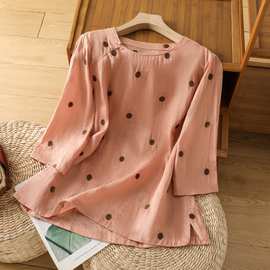 实拍2024年夏季新款棉麻文艺复古印花波点圆领套头上衣T恤女#6872
