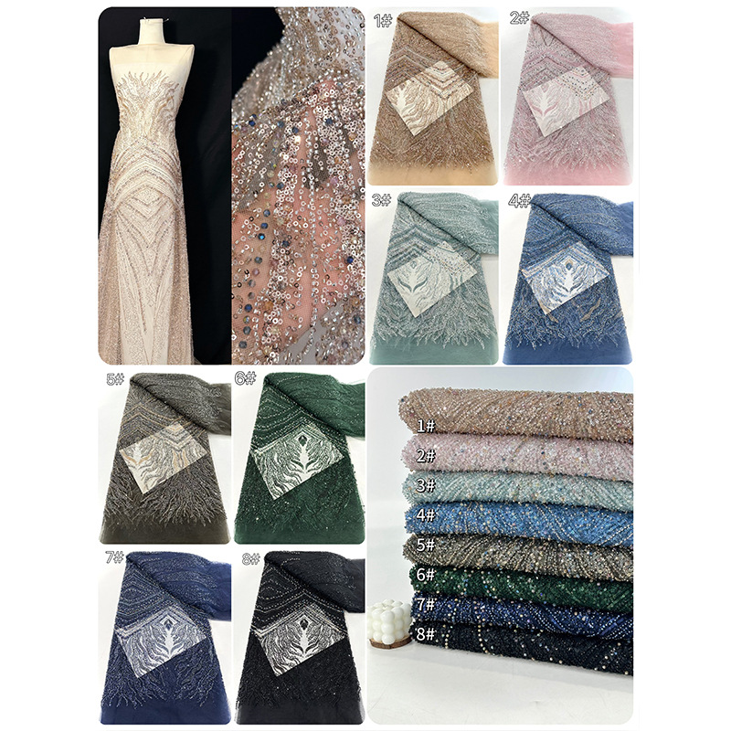 Tubo de perlas, tela de bordado, sequin de moda, vestido de boda bordado de alta calidad, vestido de princesa, vestido de moda, tela