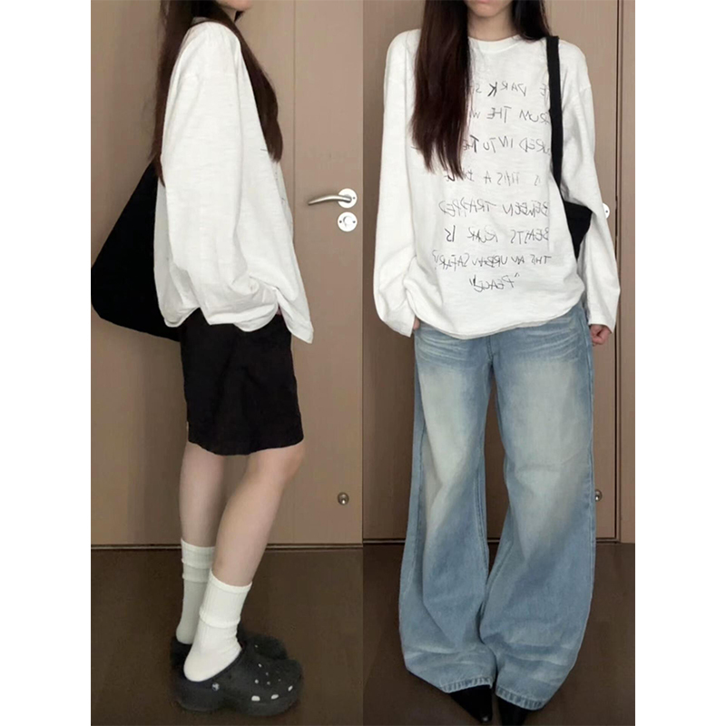 美式复古潮牌正肩棉长袖T恤女夏季内搭打底衫chic宽松慵懒上衣|undefined